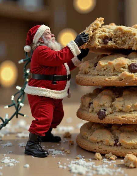A miniature Santa Claus struggling to climb up a giant stack of Christmas cookies, with crumbs scattered all around him. His red suit is a bit disheveled, and his tiny black boots are slipping as he tries to get a better grip on the cookie tower. In one hand, he's holding onto a string of twinkling fairy lights that have tangled around his hat, while the other hand reaches out for a cookie that's just out of his grasp. The scene captures Santa's determined but comical effort, with his beard fluffing up from the struggle and an expression of playful frustration on his face. The warm glow of Christmas lights in the background adds to the festive, lighthearted chaos.