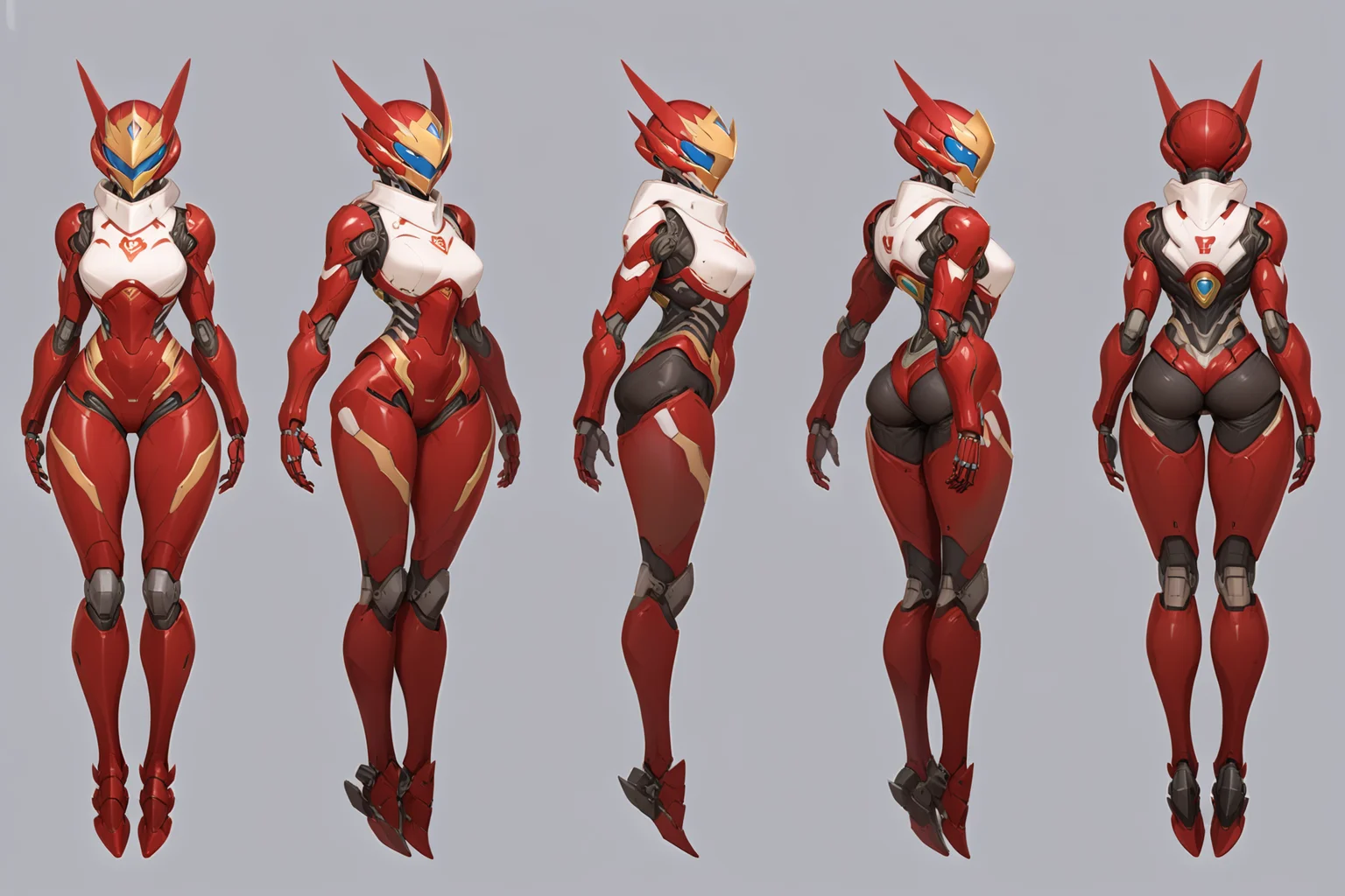 (GENERAL:0), mecha, robot, masterpiece, best quality, very aesthetic, absurdres, solo, standing,
(VIEWS:0), full body character turnaround of mecha,
Multiple views of the same mecha, (simple background, white background:1.2), multiple views, side view, back view, front view,
sunglasses, goggles,
mask, helmet,
(Creature Ref:0),
Hippopotamus\(animals\)
ï¼
(Mecha Ref:0),
Megaman Zero,
plate armor, power suit, alien,
android, cybersuit, upper armor, mechanical arms, machinery, prosthesis,
(bodyshape:0), Hourglass figure body,
(clothing:0), (Velvet off-the-shoulder mermaid gown:0.6),
(red
holy theme character design:1.1),
<lora:MechTurnXLRemix_v1:.5>
<lora:MechTurnXL_v1:.5>
<lora:ClothTurnXLRemix_v1-000004:.25>
<lora:ClothTurnXL_v1-000004:0.25>
<lora:CharTurnXL_v2:0.25>
<lora:xl_more_art-full_v1:.25>,
<lora:Alphonse Mucha Style:.1>, Alphonse Mucha Style page
<lora:å½é£æç»SDXL:.1>
<lora:mecha:.2><lora:EnvyMechaGirlXL01:.5> <lora:EnvyMechaGirlXL02:.38>