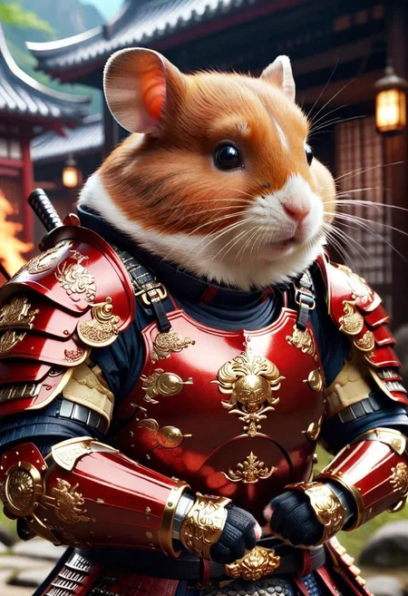 ultra detailed      Masterpiece  8k   ,The background s shows a hell while Gute hamster Samurai  complex armor	Multi-layered and large shoulder armor  luster shine  Multilevel  	 black gold 08.02	 	, (beautiful  face)++ 	holdingshe long katanagQkcYR	
Hokusai's Japanese depiction of a very turbulent sea with massive waves. The background s shows a beautiful dark night over a illuminated village. The colors are red and yellow   )+++++
hamster The armor it wears is gorgeous and majestic, made of the highest quality gold, exuding a gorgeous luster, emphasizing the luxurious texture and noble quality of the clothing. The depiction itself is meticulous, with every strand of fur carefully rendered, capturing the smoothness and subtle changes of the coat. Its eyes are particularly striking, with the right eye reflecting the piercing gaze of a typical feline, while the left eye has a pure blue iris, creating a unique and captivating asymmetry that captivates the viewer. The golden armor, though less extensive, is more ornate, with hieroglyphic carvings and delicate filigree attesting to the hamster's high status. A balance of elegance and functionality, it is designed not to overwhelm the cat's natural elegance but to enhance it, with the metalwork complementing the contours of its flexible body. The overall image strives for authenticity, capturing the interplay of light on both sides of the hamster.
Negative Prompt