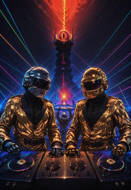 L0rd0fTh3R4v3s, daftpunk, 2boys, gold helmet, silver helmet, gold suit, shiny suit, reflective clothing, dj table, turntable, dj set, harder, better, faster, stronger, masterpiece, best quality, very aesthetic, high resolution, ultra-detailed, absurdres, newest, perfect lighting, hi res, amazing quality, painting_(artwork), beautiful, dynamic lighting,