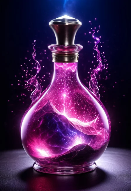 Score_9, Score_8, high_def, highest quality, 4k, best quality, masterpiece, focused, defined, Photorealistic magic potion, intricate glass bottle, elixir, vibrant pink and silver colors, ethereal light, wax seal, flashy lights, magic lights, luminous, dynamic reflections, magical aura, highly detailed, fantasy essence, glowing particles, radiant aura, made of sparkling amethyst crystals