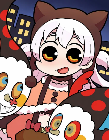 masterpiece, best quality, newest, absurdres, highres, safe, 1girl, momoe nagisa, magia record: mahou shoujo madoka magica gaiden, papa \(shimeguru\), charlotte \(madoka magica\), solo, city, night, dutch angle, <lora:momoe_nagisa_noobaiXLNAIXL_vPred10Version:0.7>