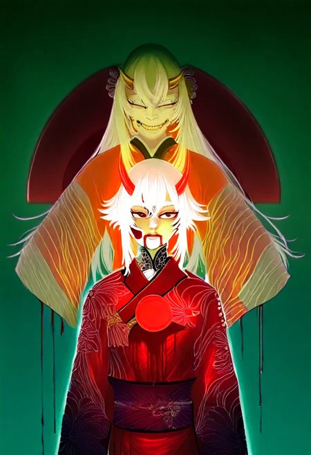 score_9, score_8_up, score_7_up, cinematic photo, porcelain white skin, blood dripping from lips, blood dripping down chest, blood red triple demon horns, white hair, dramatic lighting, dynamic pose, oni woman in kimono, cyberpunk, yellow_sun, teal background