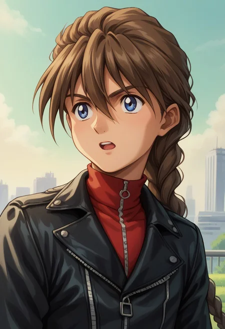 score_9, score_8_up, score_7_up, source_anime, highly detailed,
duomaxwell, 1boy, solo, brown hair, braid, single braid, long hair, bery long hair, male focus, jacket, leather jacket, retro artstyle, open mouth, upper body, hair between eyes, blue eyes, leather, black jacket, zipper,
outdoor,
