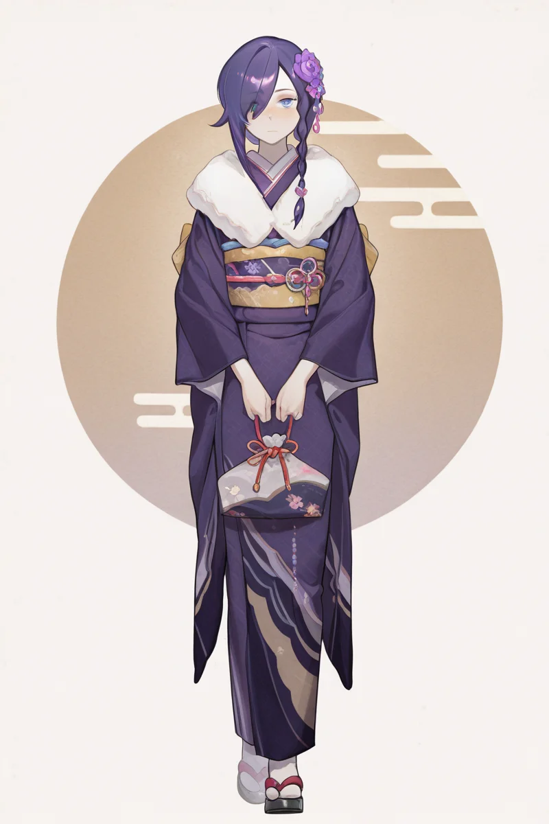 masterpiece, best quality, amazing quality,
<lora:LLAM_IL:1> llam, japanese clothes, kimono, solo, flower, hair ornament, hair flower, full body, hair over one eye, purple hair, blue eyes, braid, 1girl, obi, holding, sash, looking at viewer