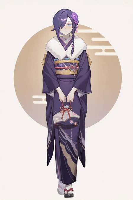 masterpiece, best quality, amazing quality,
<lora:LLAM_IL:1> llam, japanese clothes, kimono, solo, flower, hair ornament, hair flower, full body, hair over one eye, purple hair, blue eyes, braid, 1girl, obi, holding, sash, looking at viewer