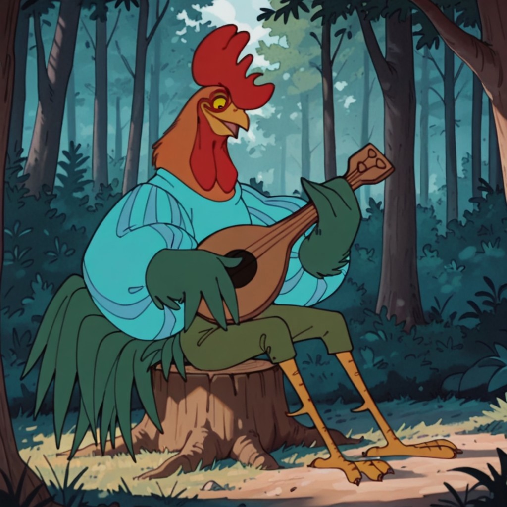 ((masterpiece, best quality, amazing quality,)) Alan-A-DaleRHil, semi-anthro, male, rooster, red comb, bird, green feathers, orange neck feathers, yellow sclera, black eyes, winged arms, blue striped shirt, puffy sleeves, green pants, green tail, sitting, on tree stump, in a forest, holding lute