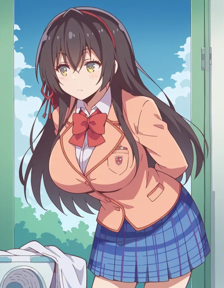 score_9, score_8_up, score_7_up, source_anime, <lora:sayuki-tokihara-s1-ponyxl-lora-nochekaiser:1>, sayuki tokihara, long hair, black hair, ribbon, hair ribbon, yellow eyes, hairband, large breasts,, skirt, bow, school uniform, jacket, plaid, plaid skirt, blazer,, laundry day, clothesline, drying clothes, domestic life, fresh air, blue sky, , , hands behind back, bent over,, solo,, cowboy shot, dutch angle
