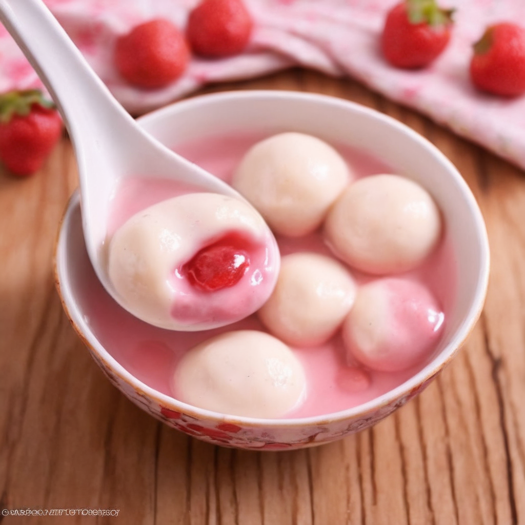 For a realistic style image of a spoon with some food in it,<lora:Tang_yuan:0.85>,strawberry jam milk filling,