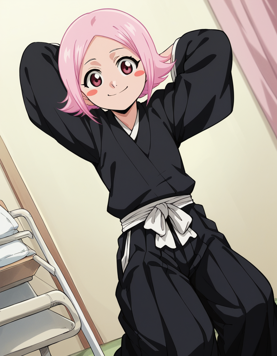 score_9, score_8_up, score_7_up, source_anime, <lora:yachiru-kusajishi-anime-ponyxl-lora-nochekaiser:1>, yachiru kusajishi, short hair, pink hair, pink eyes, blush stickers, forehead,, long sleeves, japanese clothes, hakama, black hakama,, hospital room, bedside, get well flowers, comforting, quiet, smile, , foot forward, hand behind head, elbow down, solo,, cowboy shot, dutch angle