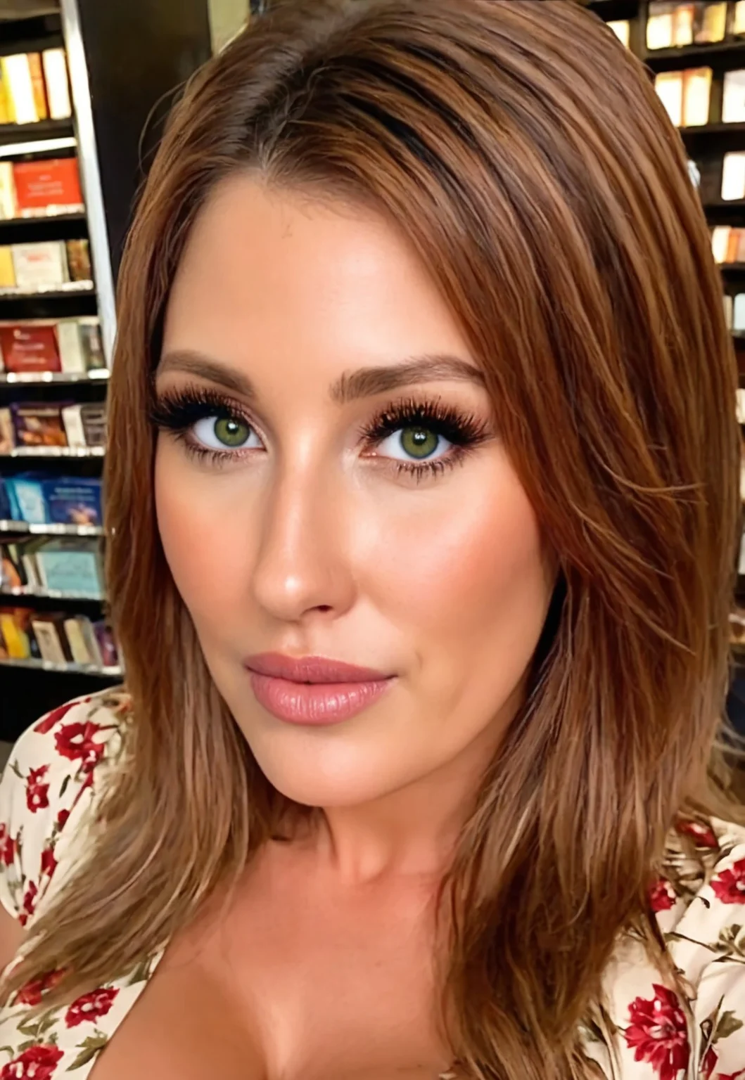 safe_pos, masterpiece, 8k, HDR, 3D, best quality, photograph, analog style, real life, extremely beautiful, (highly detailed, intricately detailed), (highly detailed skin), (alluring eyes), a picture of milfpeaches 1 woman, long straight brown hair, brown eyes, mascara, glossy lips, beige floral dress, arrives at the bookstore the next day with a wrapped present. facing a (1 man), (short goatee), short red hair, green eyes, white short sleeved shirt, huge cleavage, black pants, he says he heard what she said about him to her co-star. She explains to him that she was simply hiding her personal life from another actor. She proclaims that she loves him and begs him to rekindle their relationship. Will refuses, explaining that it would hurt him too much if she left him again.