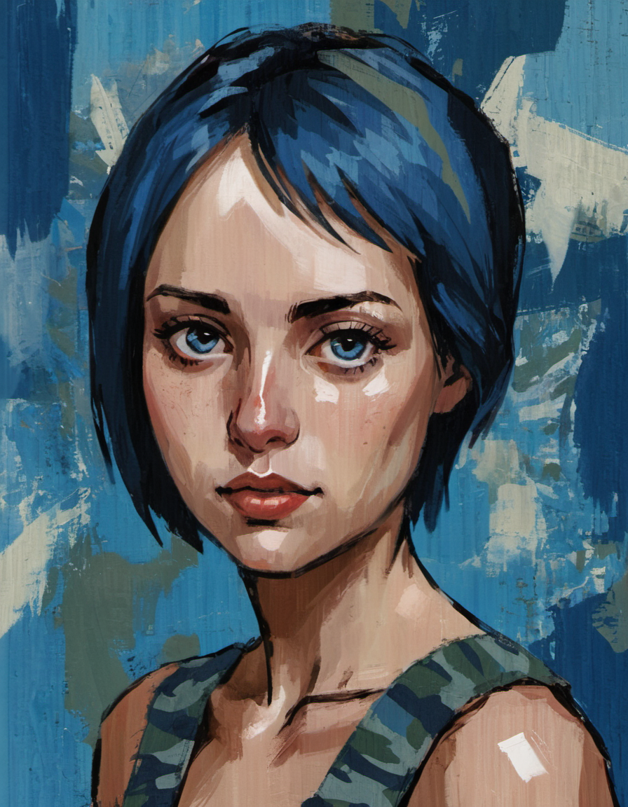 blue camouflage, pixie dream girl, portrait, feminine, abstract painting <lora:DiscoDeliriumXL-v1.2:1>