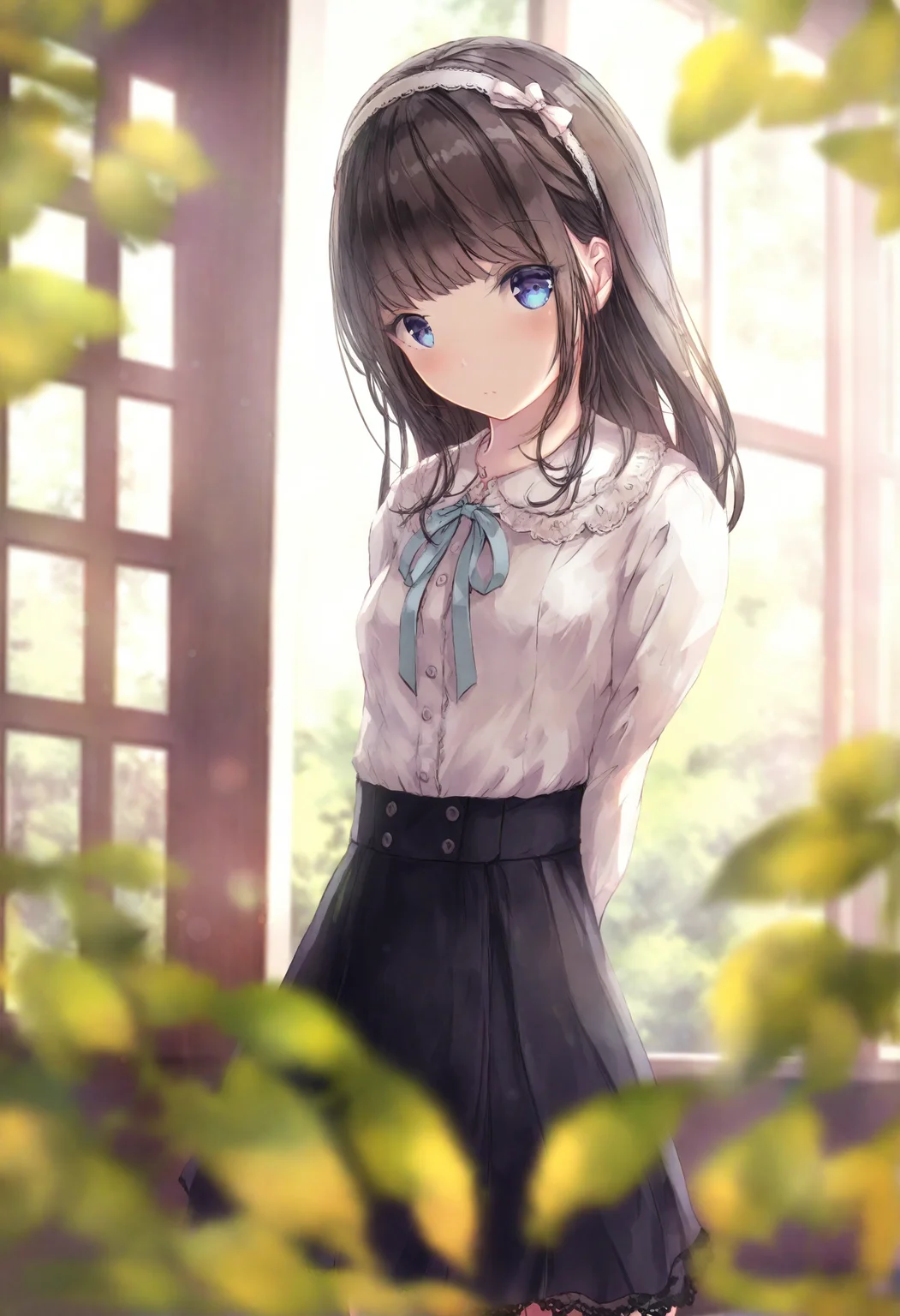 <lora:miss1_noob1.1-000184:1>,(missile228:0.3),
blue eyes, long hair, 1girl, skirt, solo, arms behind back, black skirt, shirt, blurry, depth of field, blurry foreground, hairband, looking at viewer, white shirt, window, blush, outdoors, leaf, ribbon, black hair, brown hair, long sleeves, neck ribbon, standing, indoors, day, closed mouth,
masterpiece,best quality,newest,absurdres,highres,very awa,