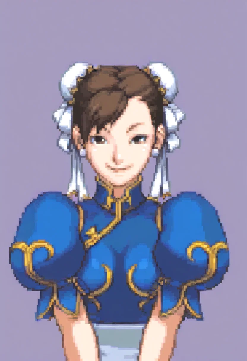 masterpiece, best quality, solo, looking at viewer, 1girl, smile, <lora:Ace-Attorney-Portraits-illus_Fp:1>, portrait, upper body, pixel art, simple background, chun-li, china dress,