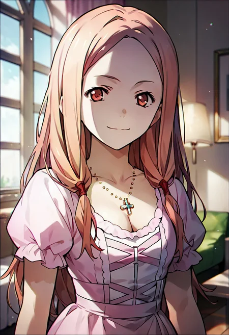 score_9,score_8_up,score_7_up,source_anime, Mana Ouma,1girl,solo,looking at viewer,smile,dress,cleavage,jewelry,closed mouth,standing,collarbone,short sleeves,indoors,necklace,pink dress,