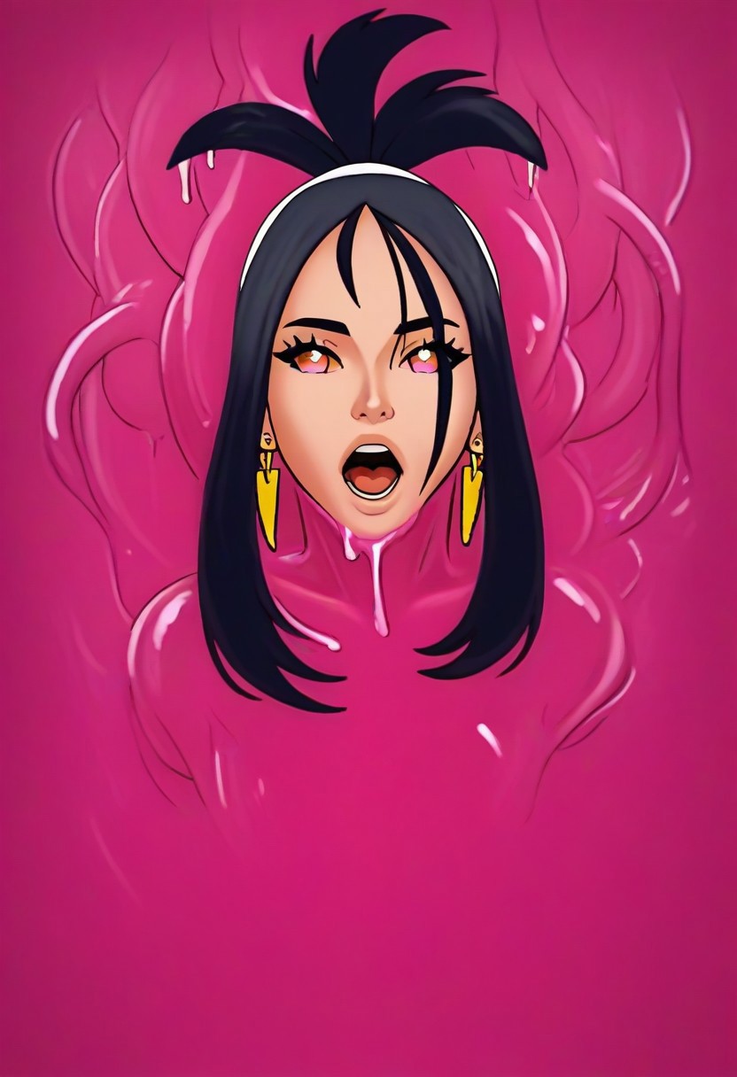 score_9, score_8_up, score_7_up, score_6_up, raw, realisitc, photo, perfect eyes, cartoon, pink tentacles, 1girl, short hair, earrings, hairband,Pkmndendra, black hair, orange eyes, <lora:DGVirus:0.7>, ((deep pink cable)), slime, pink slime,
shiny skin, pink sclera, open mouth,
BREAK tentacle wall background,