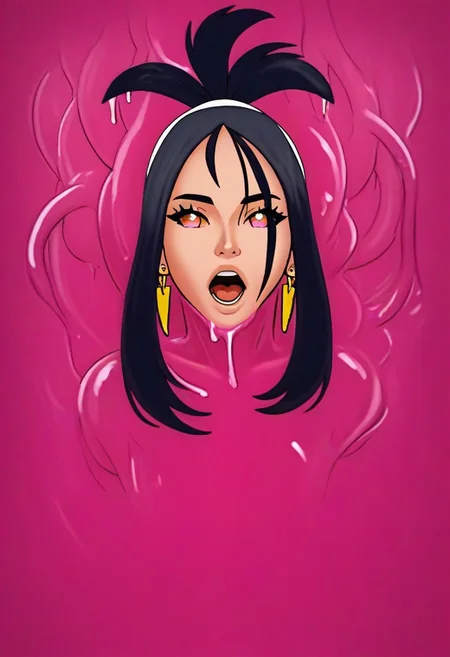 score_9, score_8_up, score_7_up, score_6_up, raw, realisitc, photo, perfect eyes, cartoon, pink tentacles, 1girl, short hair, earrings, hairband,Pkmndendra, black hair, orange eyes, <lora:DGVirus:0.7>, ((deep pink cable)), slime, pink slime,
shiny skin, pink sclera, open mouth,
BREAK tentacle wall background,