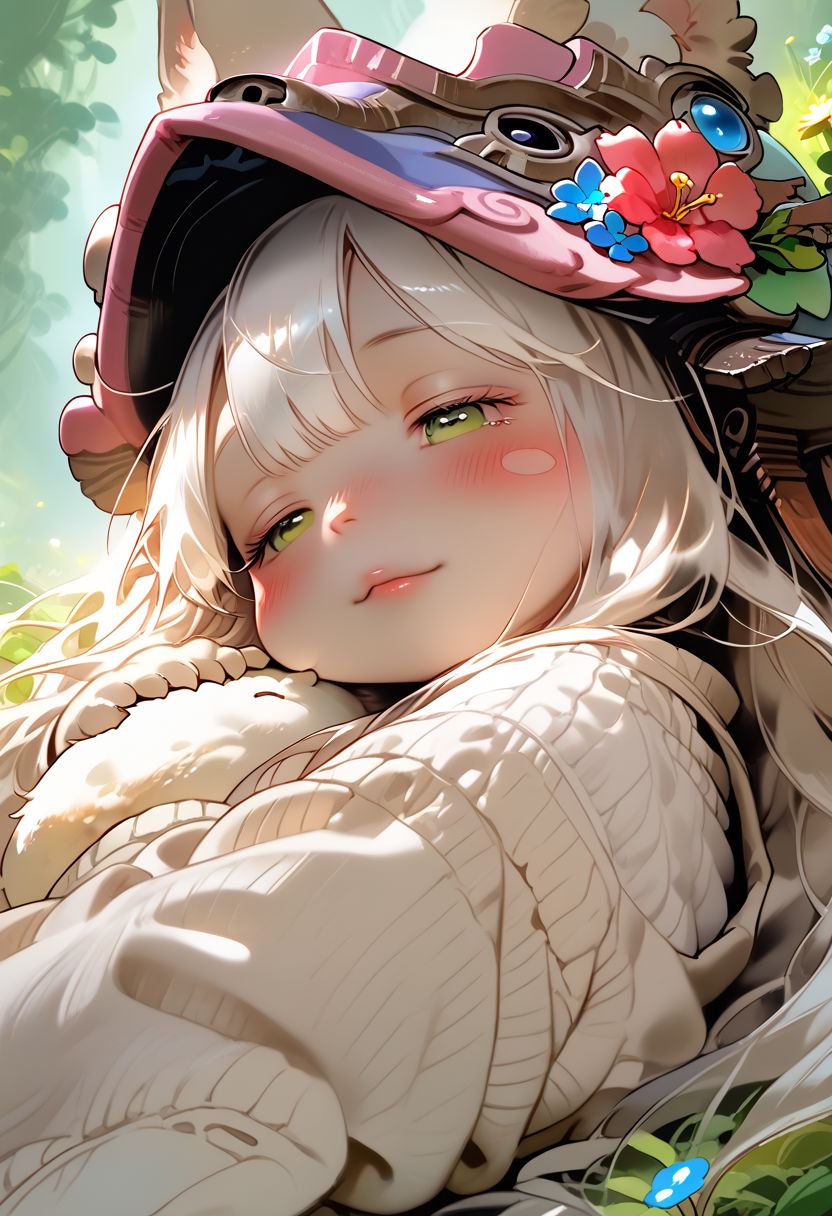 score_9, score_8_up, score_7_up, source_cartoon, 1girl, nanachi, \(made in abyss\)/,(ultra HD quality details), green eyes, white hair, furry, animal ears, tail, sidelocks, solo, adorable nanachi, sleeping on a flower, sleeping, (tiny size, sleeping:1.2), blushing, moaning, (puffy pants, helmet, long hair, ears through headwear:1.1), colorful detailed flower background, (detailed image, high resolution, 5k resolution:1.0), Expressiveh,