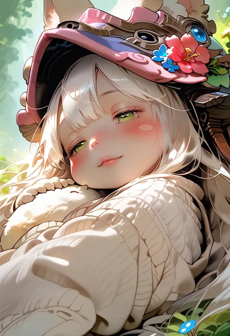 score_9, score_8_up, score_7_up, source_cartoon, 1girl, nanachi, \(made in abyss\)/,(ultra HD quality details), green eyes, white hair, furry, animal ears, tail, sidelocks, solo, adorable nanachi, sleeping on a flower, sleeping, (tiny size, sleeping:1.2), blushing, moaning, (puffy pants, helmet, long hair, ears through headwear:1.1), colorful detailed flower background, (detailed image, high resolution, 5k resolution:1.0), Expressiveh,