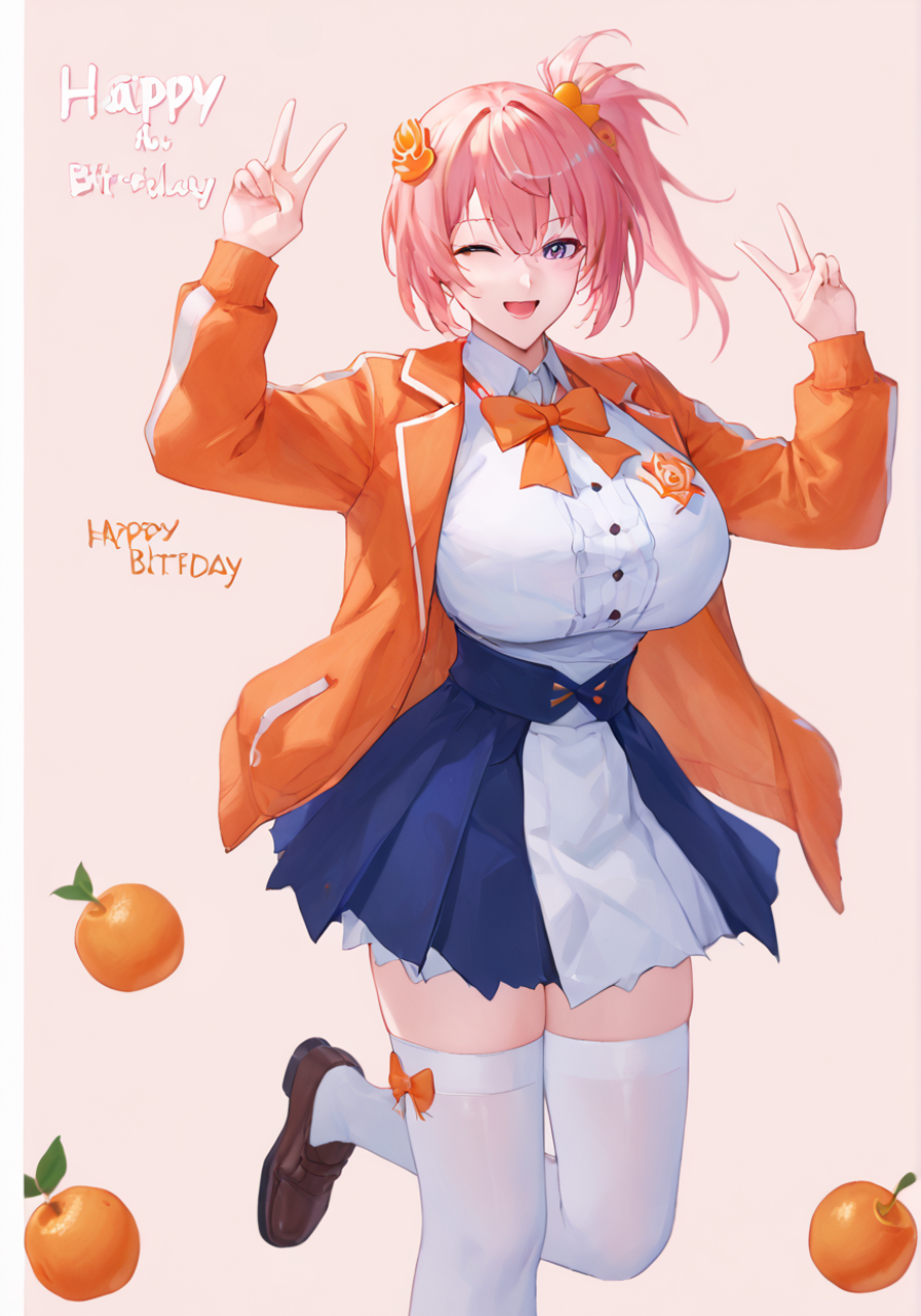 1girl, koboshi renko, huge breast, , ;d, arm up, blush, bow, breasts, brown footwear, character name, chibi, english text, food, food-themed hair ornament, fruit, hair between eyes, hair ornament, happy birthday, holding, jacket, loafers, long sleeves, one eye closed, open mouth, orange (fruit), orange bow, orange hair ornament, orange slice, pink hair, purple eyes, shoes, side ponytail, signature, skirt, smile, solo, star (symbol), thighhighs, peace sign, white jacket, white skirt, white thighhighs, handfixer,zPDXL3<lora:Breast Slider - Pony_alpha1.0_rank4_noxattn_last:3> <lora:HandFixer_pdxl_Incrs_v1:1>    <lora:RH_OG:1>