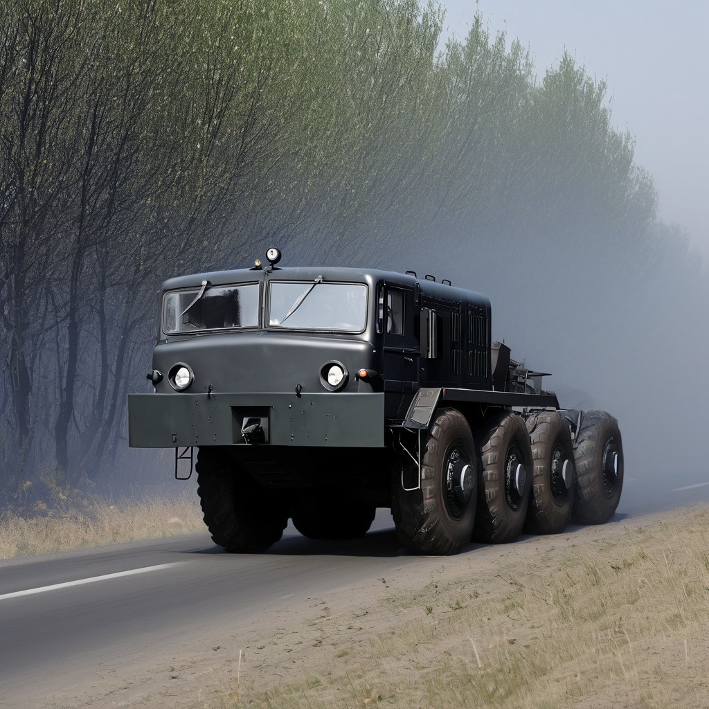 MAZ-537 Drives through the black bush, without raising a cloud of black dust, a large body behind the cabin.
side view