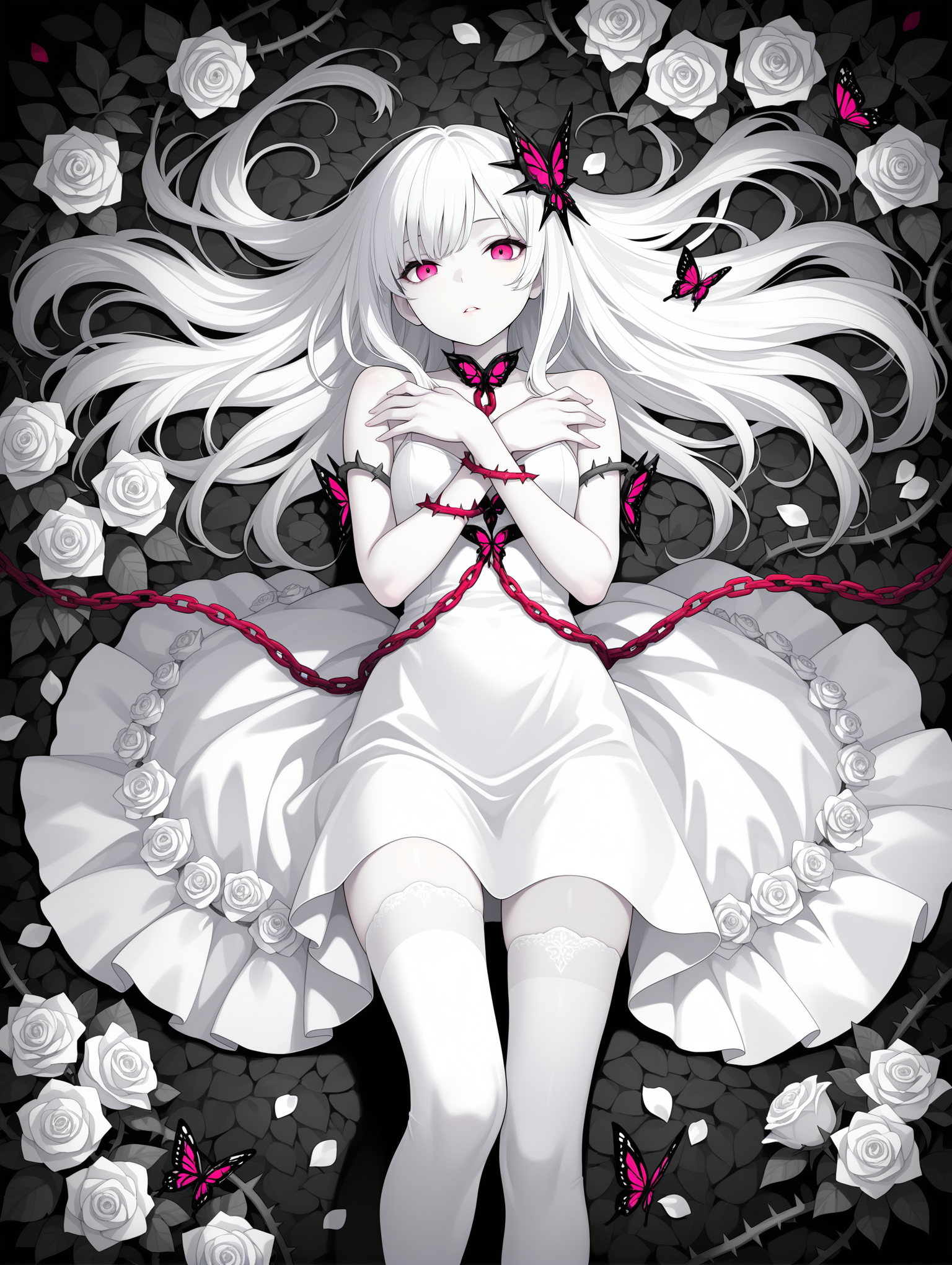 1girl, solo, long hair, looking at viewer, bangs, thighhighs, dress, bare shoulders, pink eyes, flower, white hair, lying, parted lips, white dress, white thighhighs, rose, red chain, leaf, bug, white flower, butterfly, pale skin, white rose, on back, petals, spot color, hair spread out, hair ornament, thorns, vines, from above, hands on own arms, detailed eyes, beautiful, perfect hands, detailed background
,masterpiece,best quality,amazing quality,