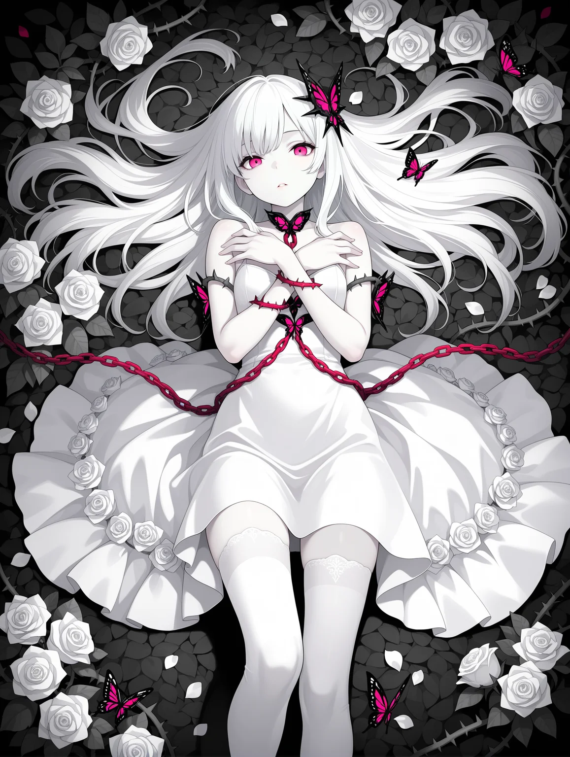 1girl, solo, long hair, looking at viewer, bangs, thighhighs, dress, bare shoulders, pink eyes, flower, white hair, lying, parted lips, white dress, white thighhighs, rose, red chain, leaf, bug, white flower, butterfly, pale skin, white rose, on back, petals, spot color, hair spread out, hair ornament, thorns, vines, from above, hands on own arms, detailed eyes, beautiful, perfect hands, detailed background
,masterpiece,best quality,amazing quality,