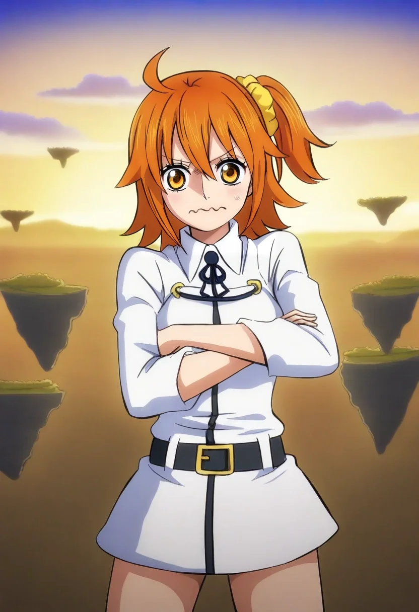 masterpiece, best quality, intricate details, , , 1girl, fujimaru ritsuka \(female\), orange hair, yellow eyes, ahoge, hair scrunchie, one side up, solo, cowboy shot, floating island, dawn, pose, wavy mouth, closed mouth, <lora:one_piece_wano_style_ilxl:0.86>, one_piece_wano_style,