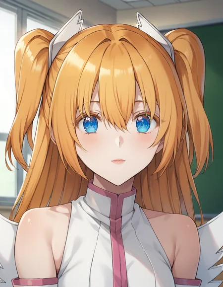 score_9, score_8_up, score_7_up, source_anime,
1girl, solo, looking at viewer, blurry background, classroom, dawn, upper body,
liliel third squad, long hair, orange hair, wing hair ornament, two side up, hair between eyes, blue eyes, crop top, long sleeves, detached sleeves, bare shoulders, wings, portrait,
<lora:lilysa_amano_liliel_anime_v2-soralz:0.9>