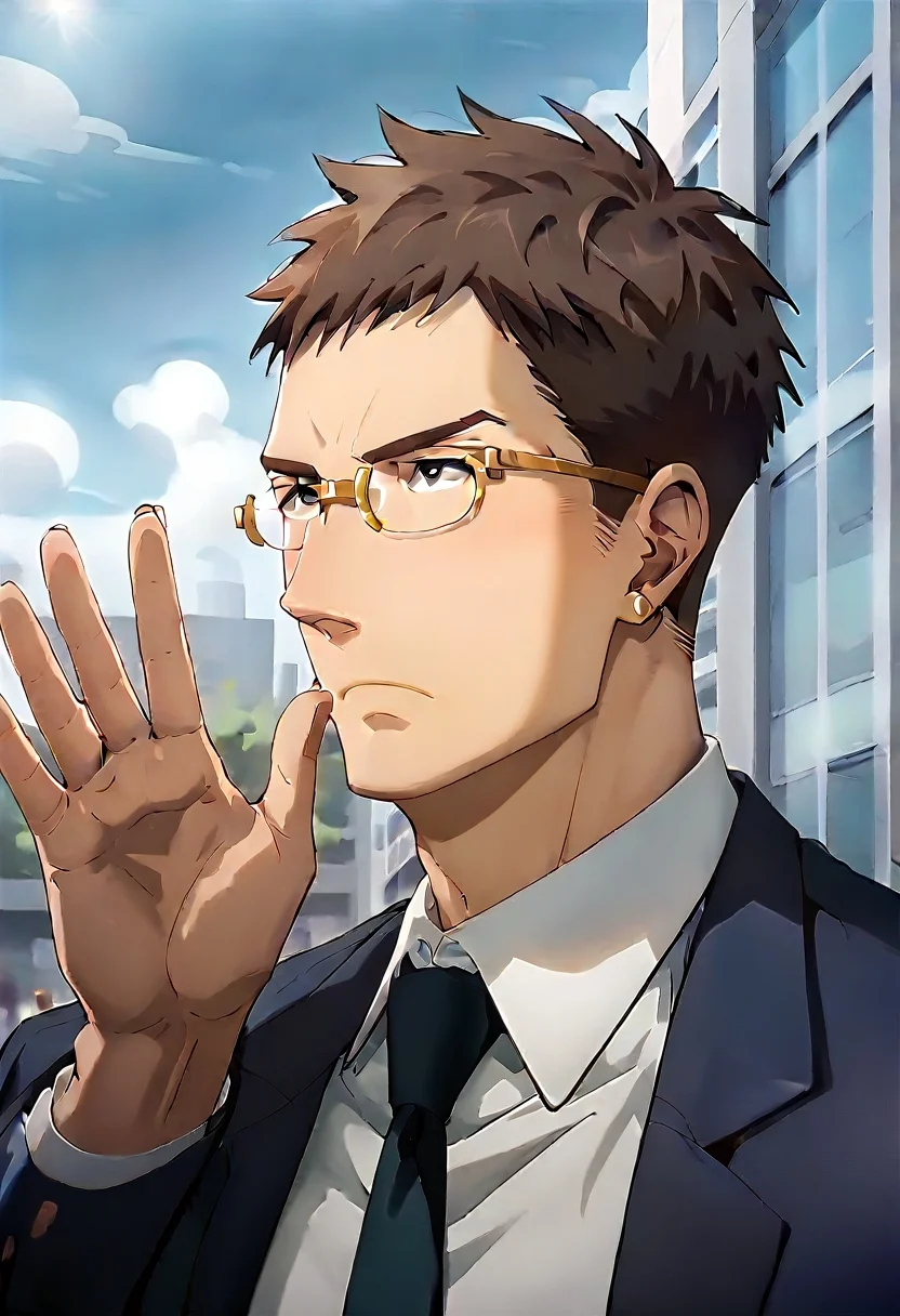 (score_9, score_8_up, score_7_up), ((source anime, best quality, best aesthetic, perfect anatomy, Gold Ratio, Art Composition, zPDXLxxx)), 1boy, doumeki, male_focus, handsome detailed face, black eyes, collared shirt, blazer, necktie, solo, modern office, portrait, (((Frown, bright, looking up, looking over glasses, public indecency, Waving))), <lora:aesthetic_anime_v1s:1>, <lora:Smooth Anime 2 Style SDXL_LoRA_Pony Diffusion V6 XL:1>, <lora:Doumeki:0.8>