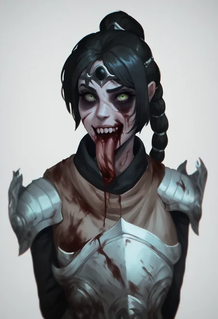 score_9, score_8_up, score_7_up, BREAK,
1girl, zombie, blood, teeth, missing jaw, gigantic tongue out,
solo, shadowheart, black hair, braided ponytail, green eyes, scar on face, circlet, looking at viewer, armor, pants,
arms behind back, standing, looking at viewer, white background <lora:ShadowHeartXL:0.8> <lora:ZombieXL:1>