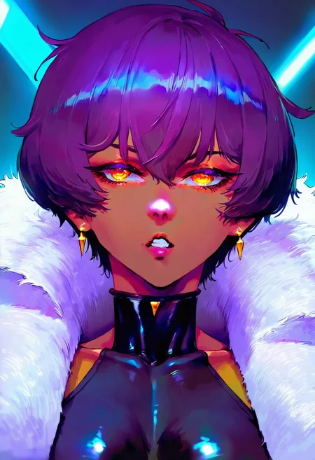 Masterpiece, Best Quality, Best Score, Best Anatomy,ultra deitailed,white suit,sci-fi, futuristic, portrait, shiny brilliant yellow eyes,
1girl, (dark-skinned), purple hair, brilliant earrings, shiny teeth, big white winter fur coat over black bodysuit,
<lora:add-detail-xl:1>, <lora:nyalia_NoobXL:0.3>, <lora:cutesexyrobutts_style_illustrious_goofy:0.2>, <lora:nabibutterILLUS:0.1>, usnr, <lora:USNR STYLE_XL_loha:0.9>,
