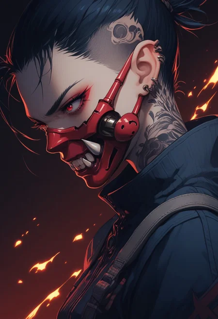 score_9, score_8_up, score_7_up,source_anime,1girl,solo,Ana, elf ears, pointed ears, witch,long straight mohawk, red eyes, black hair,perfecteyes,eyebrows,hair behind ear,high neck sleeveles jacket,tattoos,pants,from the side,dark background,sinozick,flat colors,cowboy body shot, oni style mouth fang mask, sparks, fire embers,
serious expresion, side glance,