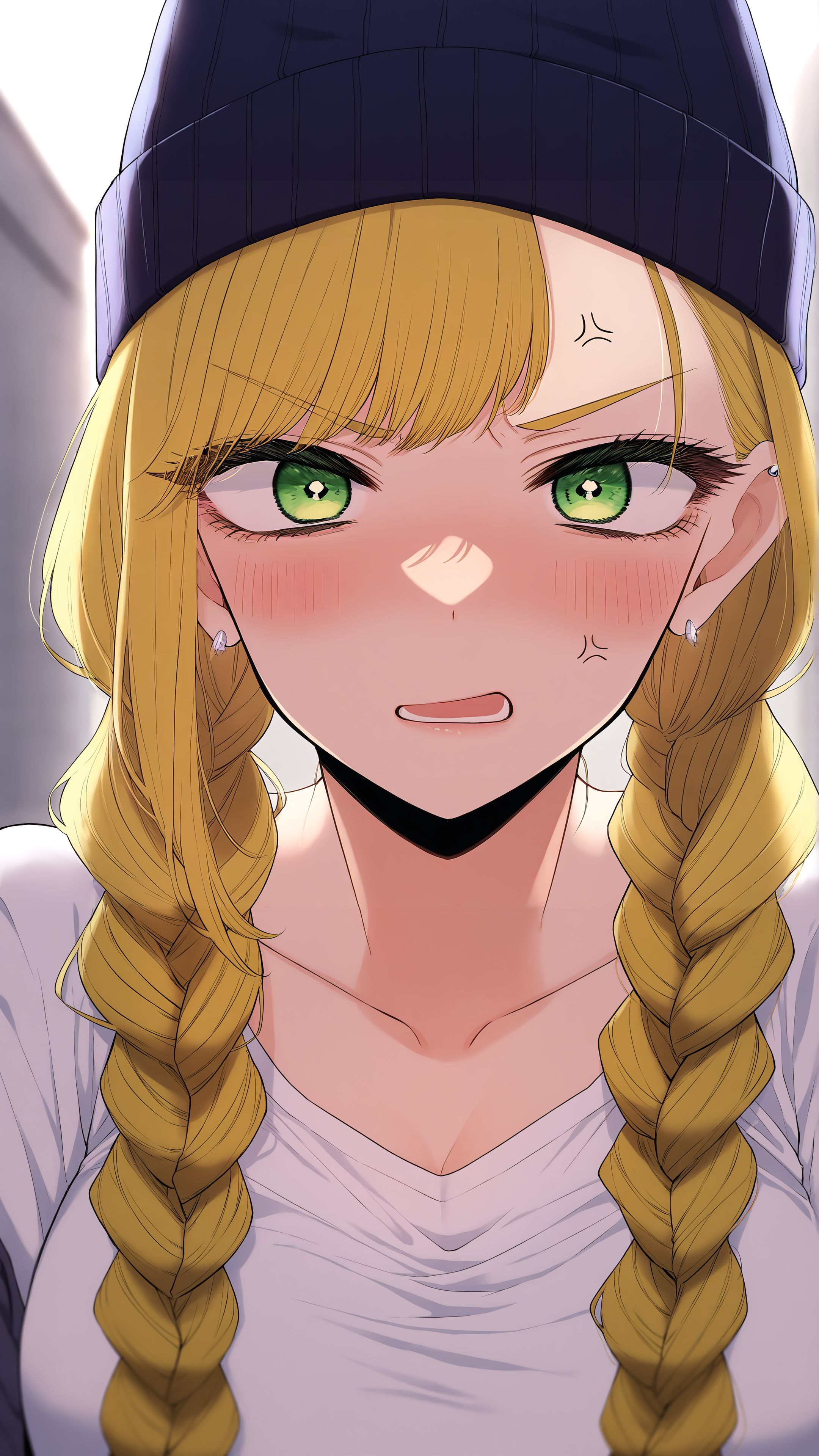 masterpiece, best quality, amazing quality, Smooth Quality,kakei hinako, ane no tomodachi, 1girl, solo, medium breasts, blonde hair, green eyes, gyaru, long hair, <lora:kakei_hinako_ane_no_tomodachi-illustrious-v-1-1:0.9>, looking at viewer, blush, open mouth, bangs, shirt, hat, jewelry, collarbone, upper body, braid, earrings, twin braids, piercing, ear piercing, portrait, anger vein, beanie