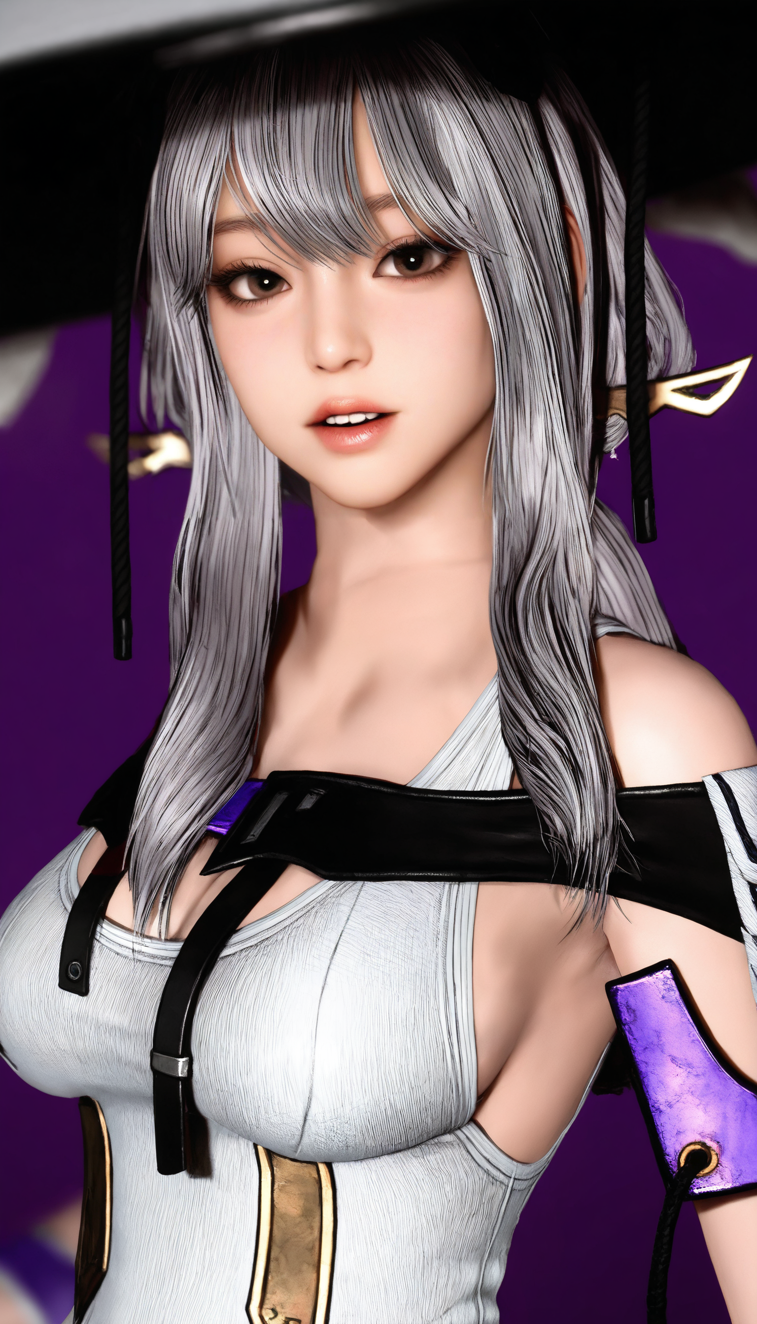 masterpiece,best quality,amazing quality,
<lora:scarletNAI:1>,sc213t,realistic,
silver hair,long hair,bangs,sidelocks,large hat,brown eyes,white leotard,upper body,three-quarter view,looking at viewer,parted lips,purple background,depth of field,vignetting,