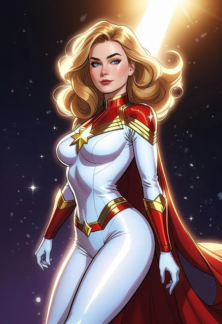 Rarity, Rarity of My Little Pony, Rarity in the form of a girl, Huge-breasts, Lush breasts, Elastic breasts, hairlong, Luxurious hairstyle, coiled hair, In the costume of Captain Marvel, White costume, On the costume of diamonds, Sveraket costume, in the style of Rarity, Elegant boots, in the sky, superhero, brawn, in full height, smirk, magic, Captain Marvel Boots, Flight beam, beste-Qualit, Very detailed, 8K quality, in full height