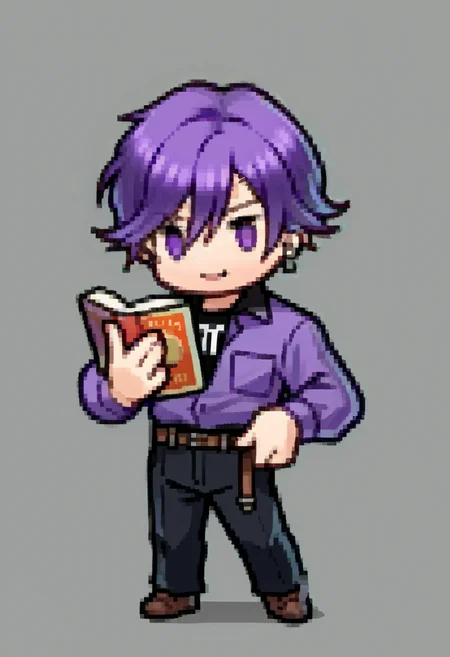 score_9, score_8_up, score_7_up, source_anime, BREAK 1boy, solo,  <lora:Feh-Sprites-pdxl_Fp:1>, simple background, chibi, full body, <lora:-pdxl_Fp:1>, naoya25a, shirt tucked in, purple shirt, black pants, black shirt, belt, single earring, smile, holding book, purple hair, purple eyes,
