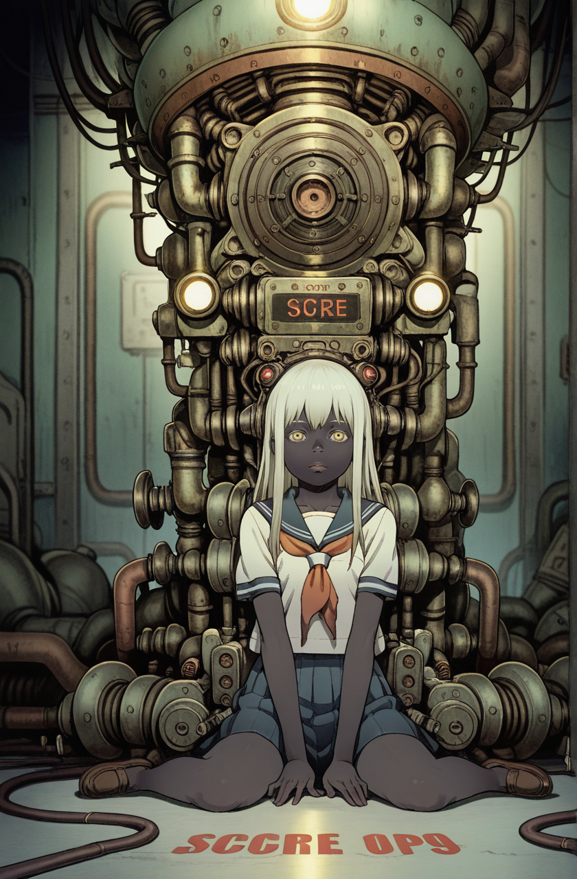 1girl,black skin,platinum hair, portrait,wariza,serafuku,
tatsuyuki, (too much machine:1.3) ,A room full of pipes, searchlights, (Bionic :1.2)
 <lora:Perfect Hands:1>  <lora:Tatsuyuki:0.9> <lora:add-detail-xl:1><lora:age_slider_v4:-2.5>, score_9, score_8_up, score_7_up, score_6_up, score_5_up, score_4_up,zPDXL