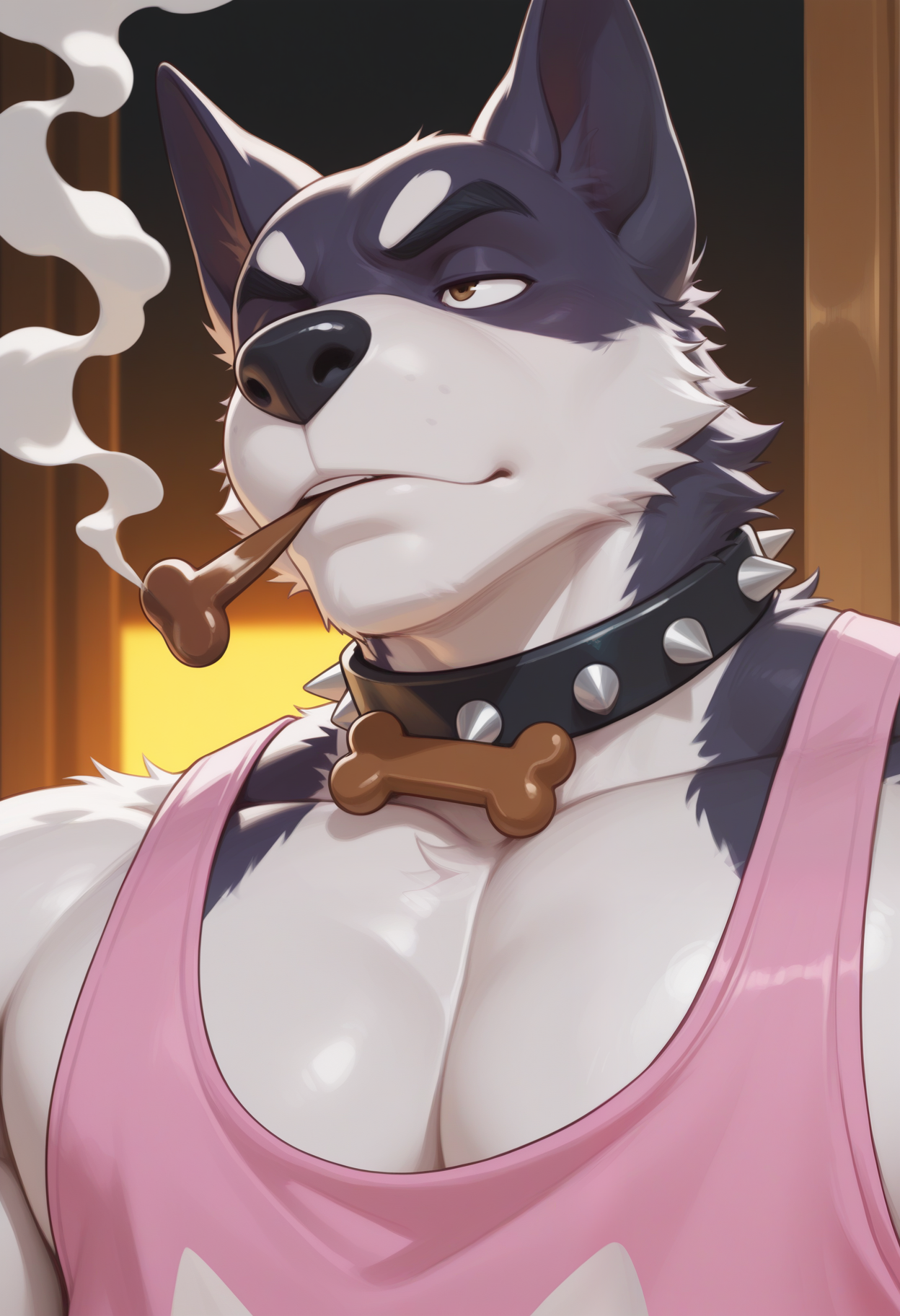 masterpiece,best quality,amazing quality, 1boy, solo, d0gg0, furry male, dog treat, pink tank top, smoking, spiked collar, close up,