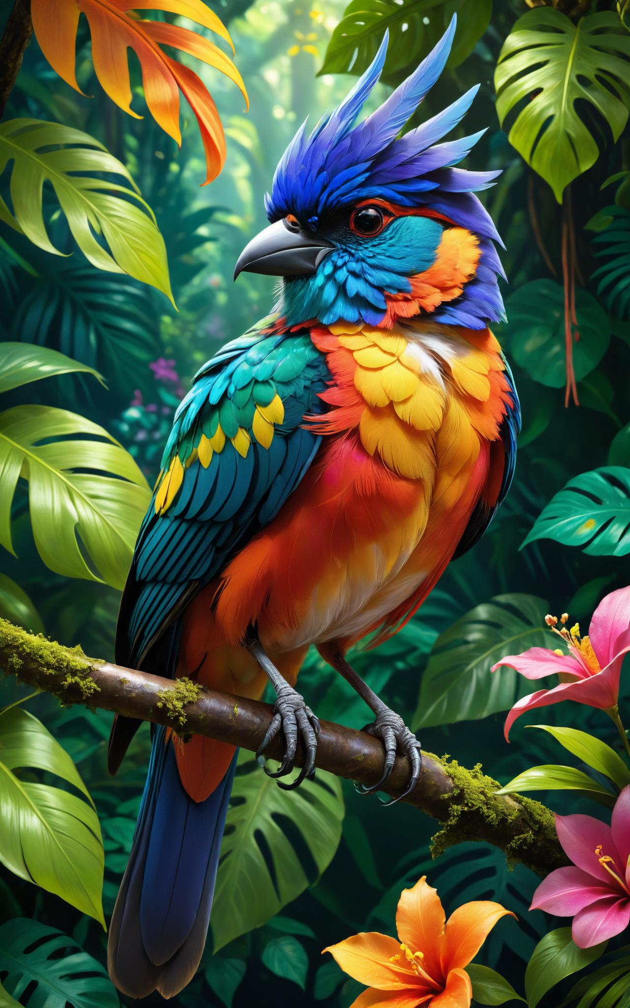 A vibrant, exotic bird perched on a branch in a lush, tropical rainforest, surrounded by vividly colored flowers and foliage. The style is digital art by Elara Mivon, characterized by rich, saturated colors and a slightly surreal, dreamlike quality, enhancing the natural beauty and mystery of the scene. The bird's feathers are a kaleidoscope of colors, shimmering in the dappled sunlight filtering through the canopy above, creating an image that is both captivating and mesmerizing.