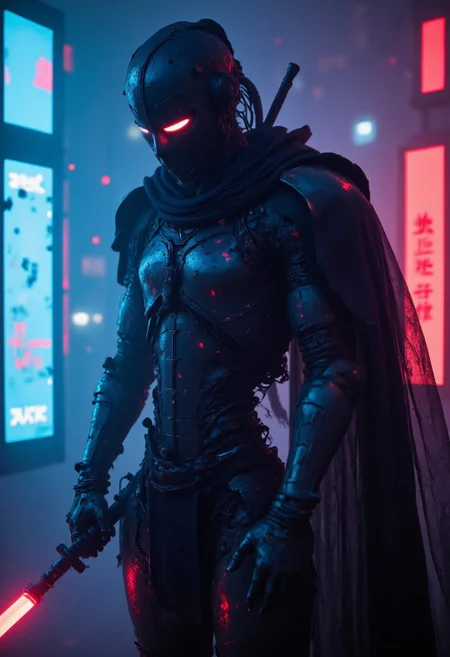 A dramatic close-up of a cybernetic ninja, shrouded in dense neon mist. She wears a large, high-tech sedge hat, crafted from segmented metal plating and interwoven with delicate fiber-optic strands that pulse with an eerie, rhythmic glow. Beneath the brim, her robotic faceplate is partially visible, its sleek contours illuminated by the intense red-orange glow of her mechanical eyeslit, casting flickering shadows.
Her exoskeleton is a masterpiece of cybernetic engineering—black, interlocking armor plates with exposed wiring and pulsating circuitry form a rigid yet elegant frame. High-tech plating extends along her neck and shoulders, resembling an engraved collar infused with AI-driven energy flows. Engraved patterns across her plating merge ancient samurai aesthetics with futuristic biomechanical precision, creating an intricate fusion of tradition and technology.
The atmosphere crackles with energy, the cold, gradient blue background evoking the sterile void of a deep-space AI laboratory. Faint digital glyphs flicker across her armor as she silently processes vast streams of data, her presence both haunting and powerful—a perfect blend of lethal precision and cybernetic artistry.
neon-mist, cpstyle, cinematic lighting, ultra-detailed, high-resolution, cyberpunk, dark sci-fi, intricate robotic textures, hyper-realistic reflections, dramatic shadows, futuristic samurai, biomechanical fusion, glowing circuitry, robotic elegance