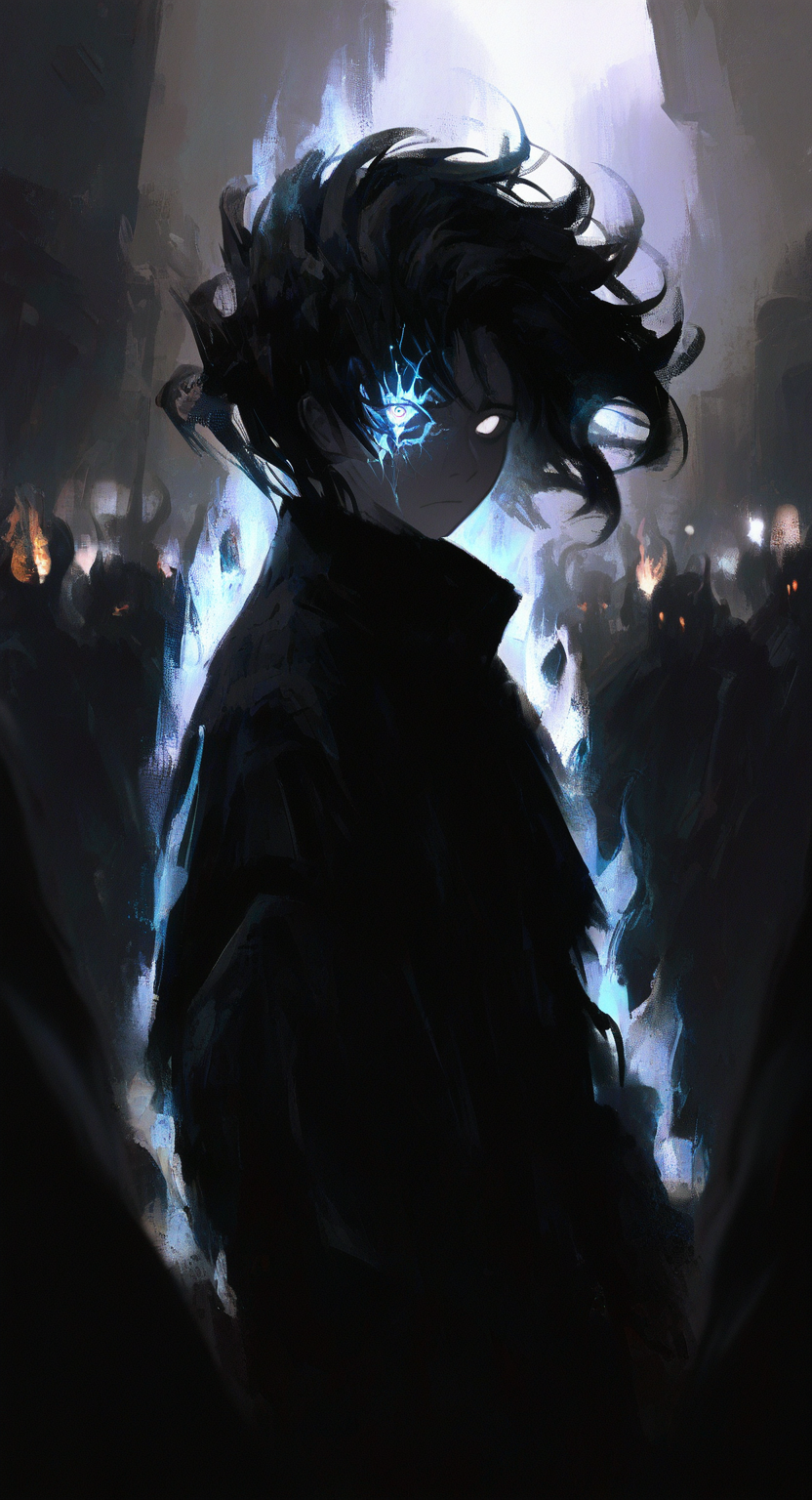 masterpiece, best quality, good quality, very aesthetic, absurdres, newest, looking_at_viewer, black_hair, long_sleeves, 1boy, closed_mouth, upper_body, male_focus, multiple_boys, solo_focus, floating_hair, heterochromia, glowing, fire, glowing_eyes, silhouette, white_eyes, aura, glowing_eye, one-eyed, blank_eyes, crowd, cracked_skin, burning <lora:ponyv5_noobV065S_1_adamW-000013:0.7> <lora:USNR_STYLE_XL_lokr:0.45> <lora:shiej007:0.8>