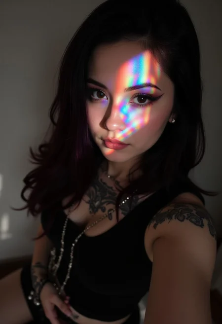 Instagram Selfie of Goth Girl, Full body from above, long hair, rainbow colored light rays on her face, tattoo, selfie, tessellations, 1girl, midjourneyv6.1, detailmaximizer