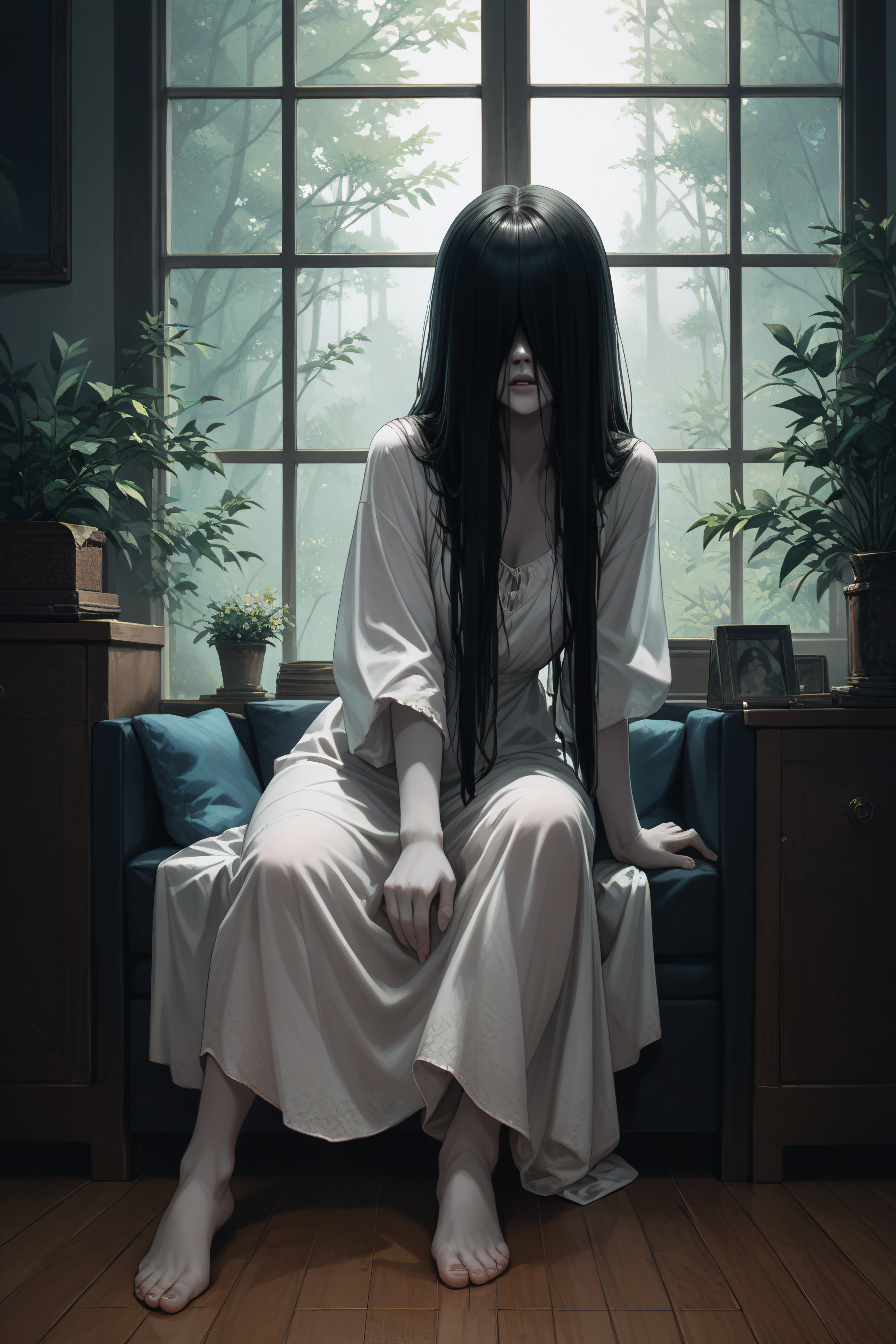 score_9, score_8_up, score_7_up, score_6_up, score_5_up, score_4_up, <lora:yamamura sadako-PonyXL-lora-Faxtron:1> yamamura sadako, hair over eyes, black hair, long hair, pale skin, white dress, lon, barefoot,