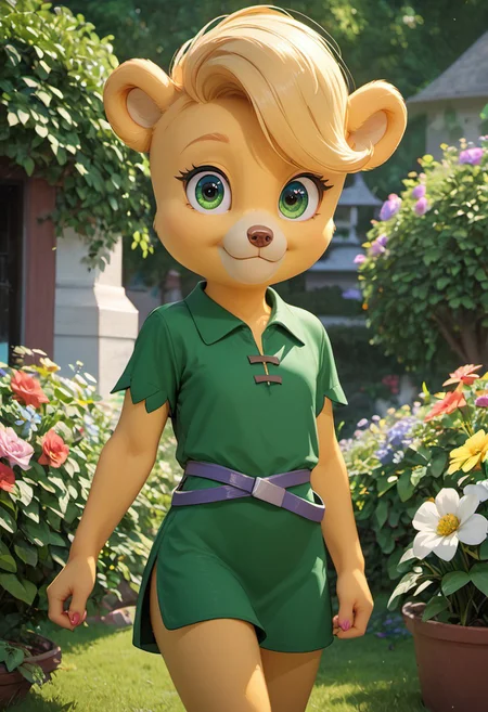 (masterpiece:1.5), best quality, ultra-detailed, (high res), cinematic lighting, beautiful lighting, high quality, studio quality, detailed, insanely detailed, extreme detail, refined detail, perfect detail, max detail, smooth lighting, detailed background, hyper detailed body, beautiful lighting, vibrant lighting, global illumination, absurdres, high-res, dynamic lighting, score_9, score_8_up, score_7_up, ponypositive, 1girl, solo, solo focus, looking at viewer, (narrow waist, skinny, slender body, slim), (outdoors, floral garden), bright lighting, daylight, sunshine, cute, kawaii, (closed mouth), happy, ((standing)), alone, gleaming eyes, big eyes, ((cowboy shot)), (arms at sides), perfect eyes, perfection, sunni gummi, anthro, bear girl, blonde hair, yellow fur, yellow body fur, green eyes, green tunic, green boots, buckled waistband, ear tuff, blue flowers, daytime, Blue sky, clouds, perfect paws, sweeping bangs, cat paws, detailed paws, fluffy fur, (not human), 3D blender, smile, posing, (close up), chibi,