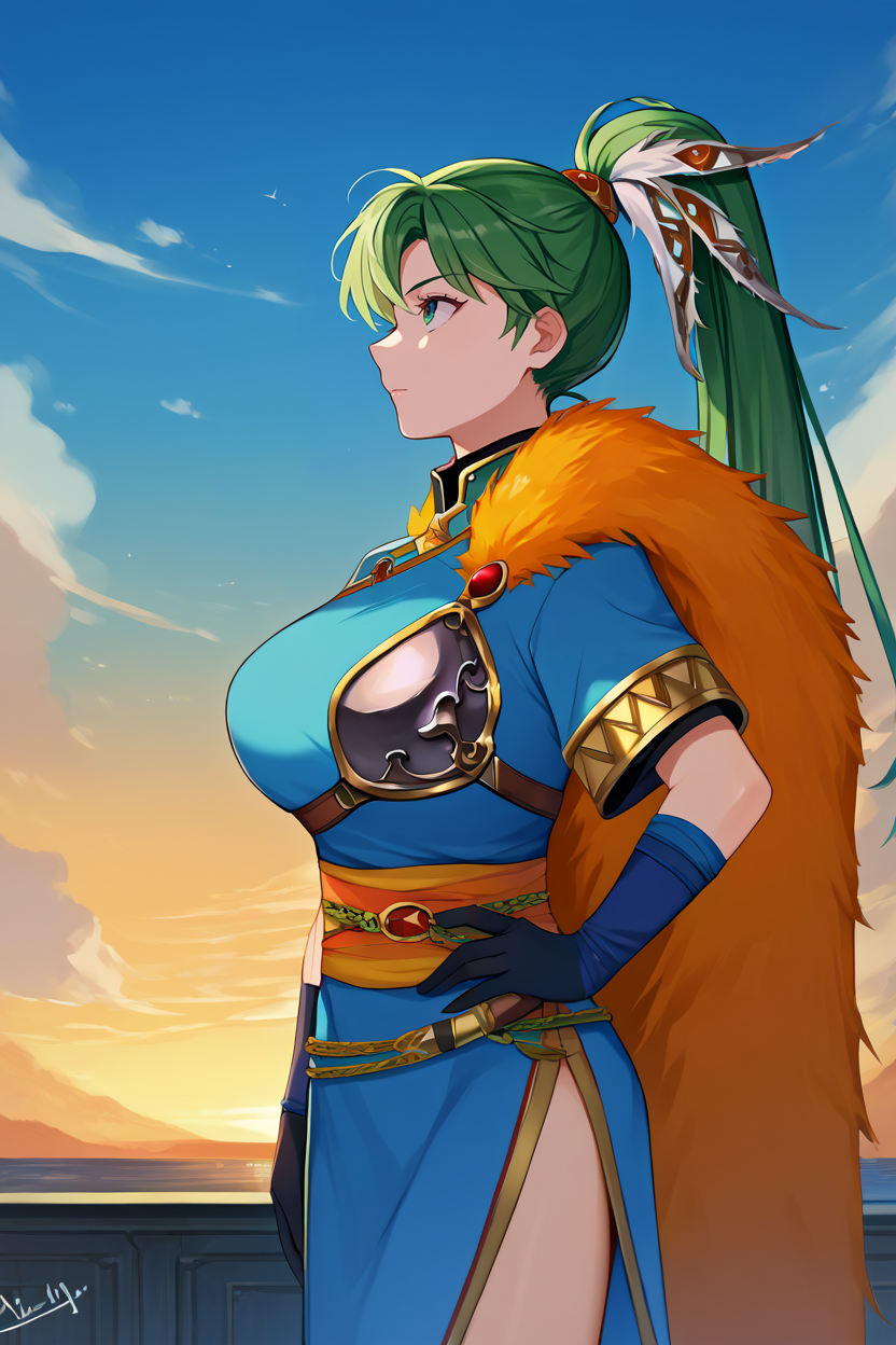 score_9, score_8_up, score_7_up, score_6_up, source_anime BREAK 1girl, solo <lora:lyn-pdxl-nvwls-v1-000005:1> brvLyn, green hair, high ponytail, breast armor, blue dress, short sleeves, orange feather boa, sash, side slit, gloves, big breasts, hand on hip, from side, looking up, sky, clouds