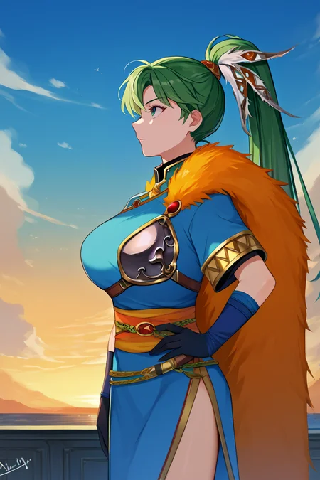 score_9, score_8_up, score_7_up, score_6_up, source_anime BREAK 1girl, solo <lora:lyn-pdxl-nvwls-v1-000005:1> brvLyn, green hair, high ponytail, breast armor, blue dress, short sleeves, orange feather boa, sash, side slit, gloves, big breasts, hand on hip, from side, looking up, sky, clouds
