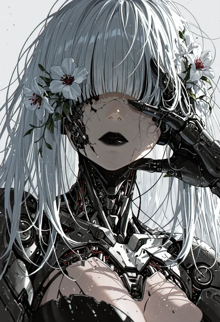 adult,
1woman,
(masterpiece:1.2), (best quality:1.2), (very aesthetic:1.2), (absurdres:1.2), absurdres, incredibly absurdres, depth of field, flowers, cyborg, wires, broken, white hair, messy hair, hair covering eyes, hair over eyes, blunt bangs, black lipstick, robot
<lora:DRKWB:0.4>
