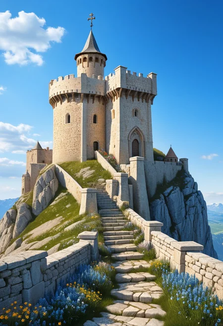 a crusader watchtower on a (tall rock spire), (13th Century:1.5), a stairway to the keep, doorway, very wide shot, fantasy, blue sky, alpine meadow flowers, best quality, masterpiece, realistic, photo-realistic, amazing, finely detail, ultra-detailed, highres, extremely detailed, 8k wallpaper