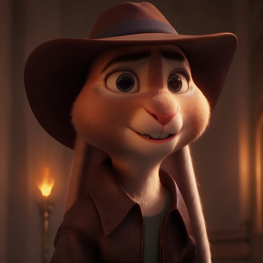 score_9, score_8_up, score_7_up, score_6_up, score_5_up, score_4_up, chickenhare, rabbit, bunny nose, 1boy, solo, bunny ears, fur, furry male, male, black eyebrows, detailed eyes, 3D, cgi, blue ears,, leather jacket, cowboy hat, green shirt, brown pants, standing, looking at viewer, smile, detailed fur, 4K, absurd res, best quality, perfect, masterpiece, high quality, Expressiveh, EyesHD,